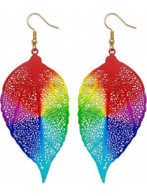 Fm Gökkuşağı Renkli Lazer Kesim Yaprak Çelik Küpe - Kararmaz Paslanmaz Çelik; Hafif Çok Renkli Sallantılı Çelik Küpe - Dantel Kesim Yaprak Desenli