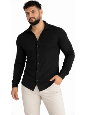 Marsilyan- Erkek Waffle Kumaş Uzun Kollu Düğmeli Açık Yaka Regular Fit Gömlek - Siyah