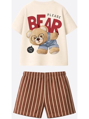 Magu Çocuk Pamuklu Bej Ayıcık Baskılı Tişört Çizgili Şort Takım