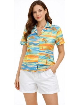 Marsilyan- Yazlık Tropikal Desenli Gömlek Şort Takım Rahat Kalıp Tatil Kombin  - Desenli