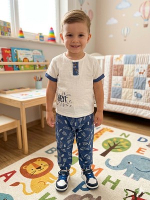Yağmur Giyim Mınıtıx Yaprak Desenli Müslin Erkek Çocuk Takımı 9-24 Ay 2424