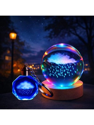 Uravas Store Işıklı Yağmur Bulutu Tasarımlı Cam Küre Kristal Anahtarlık Hediye Seti