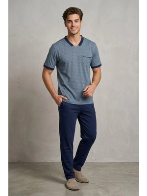 Mecit Pijama Mecit 4002 Indigo Büyük Beden Kısa Kollu Erkek Pijama Takımı