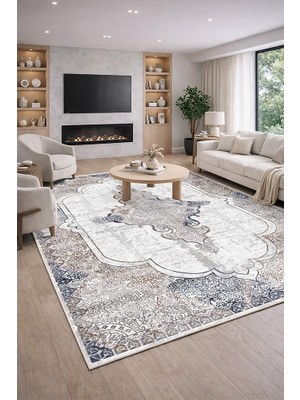 Lioara Home Krem/mavi Modern Baskılı Halı – Modern, Kaymaz Taban, Salon & Oturma Odası Için Halı