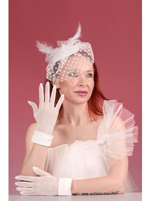 Sed da Exclusive Kırık Beyaz   Puanlı  Gelinkepi,  Nikah  Şapkası ve  Manşetli  Gelin  Eldiveni  Kombin  Set