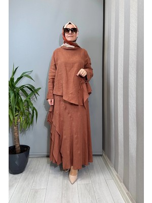 Clande Fırfır Detaylı Keten Takım Kiremit 2601-3046 (2023)