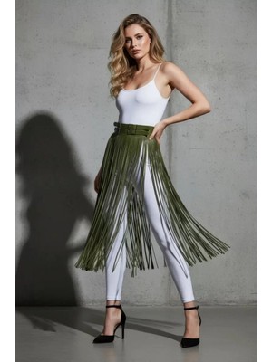 Pileli Store Pilelistore Haki Etek Uzun Püskül Detaylı Etek Suni Deri Etek Yüksek Bel Etek - BRF1090