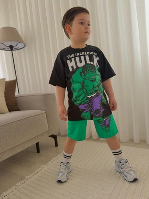 Cg Kids Hulk Baskılı Erkek Çocuk Tshirt&şort Alt Üst Takım Süper Kalite Sırt Baskı Detay