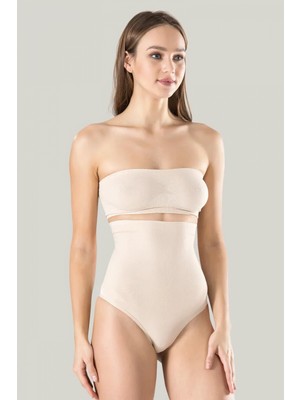 Pileli Store Pilelistore Kadın Ten Dikişsiz Eksta Yüksek Bel Silikon Mideli String 1 Beden Inceltici Külot Korse