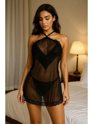 Pileli Store Pilelistore Transparan Dantel Detaylı Mini Gecelik