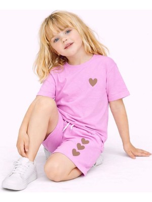 Cg Kids Kalp Baskılı Kız Çocuk Tshirt&şort Alt Üst Takım Sırt Baskı Kabartma Detay
