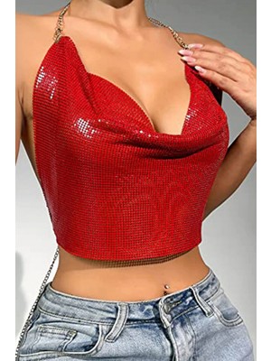 Pileli Store Pilelistore Kristal Kırmızı Taşlı Parlak Crop & Bluz Kolsuz Kayık Yaka Parti Plaj Büstiyer