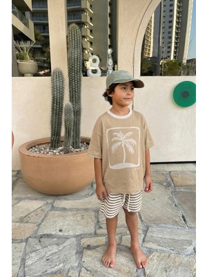 Cigit Palmiye Baskılı T-Shirt Kavun Renkli Kısa Kol Erkek Çocuk 2-8 Yaş Günlük Pamuklu Stil