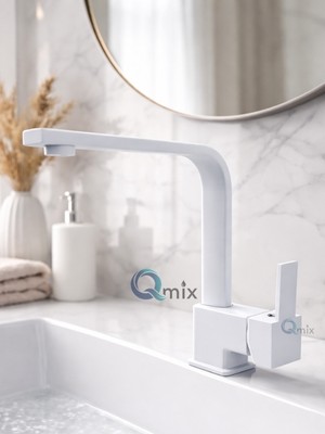 Qmix Komple Beyaz Kare Model Pirinç Gövde Banyo Lavabo Bataryası 360 Derece Döner Borulu Sıcak-Soğuk