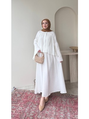 RFK Butik Kadın Pilise Detaylı Jakar Modal Etekli Takım - Beyaz