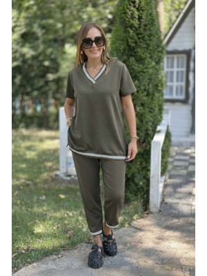 Pileli Store Kadın Kısa Kollu V Yakalı Iki Iplik Bluz ve Pantolon Ikili Takım