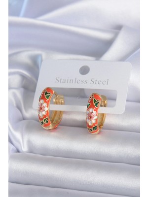 Pileli Store Pilelistore 316L Çelik Gold Renk Çiçek Işleme Turuncu Kadın Küpe - TJ-BKP7891