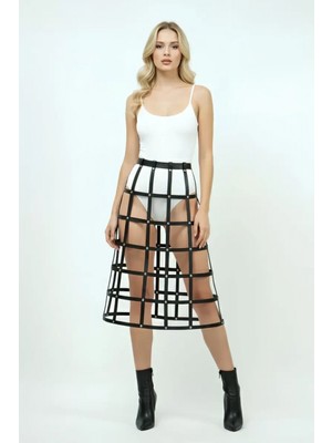Pileli Store Pilelistore Siyah Etek Deri Şeritli Kafes Detaylı Etek Midi Boy Deri Etek - BRF1396