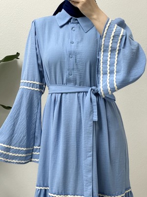 Moda Morfo Kolları ve eteği süzene işlemeli Parçalı Elbise    -Bebe Mavi