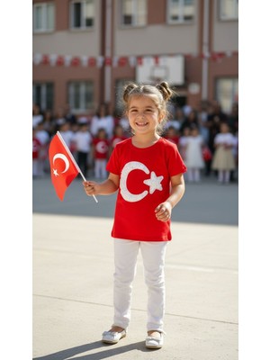 Balgüneş Türk Bayrağı Payet Detaylı Pamuk Kız Tişört