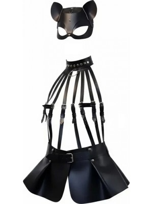 Pileli Store Pilelistore Siyah Etek Deri Harness Detaylı Etek Zımbalı Mini Etek - BRF1313