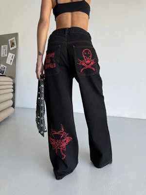 Skull Işlemeli Baggy Street Goth Jean