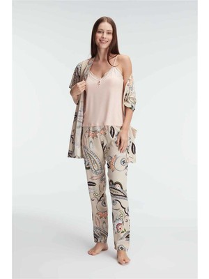 Pileli Store Ip Askılı V Yaka Viskon Çiçek Desenli Yazlık Dantel Detaylı Pijama Sabahlık Takımı
