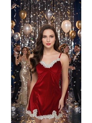 Arona Lingerie Yılbaşı Özel Üretim Kırmızı Kadife Gecelik A200