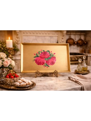 Art By Aslı Altın Varaklı El Boyaması Gül Desenli Ahşap Nişan/sunum Tepsisi