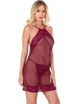 Pileli Store  Bordo Kısa File-Tül Gecelik 8132