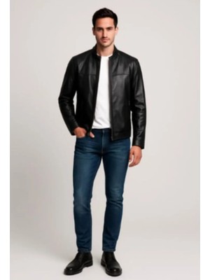 Aclassics Erkek Siyah Hakim Yaka Hakiki Deri Ceket Mont