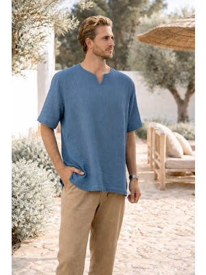 Müslin V Yaka Kısa Kollu Erkek T-Shirt Gömlek - Indigo
