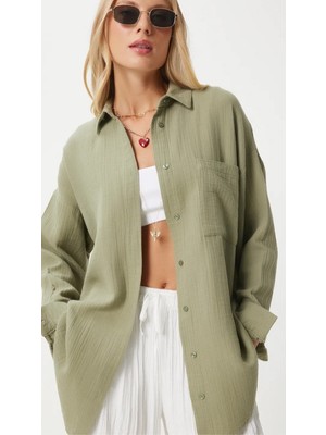 Thiff Gymwear Kadın Oversize Basic Cepli Müslin Gömlek