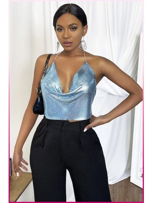 Pileli Store Pilelistore Kristal Mavi Taşlı Parlak Crop & Bluz Kolsuz Kayık Yaka Parti Plaj Büstiyer