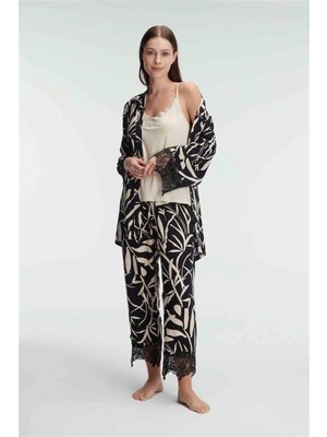 Pileli Store Pilelistore Ip Askılı V Yaka Viskon Tropikal Yazlık Örme Dantel Detaylı Pijama Sabahlık Takımı