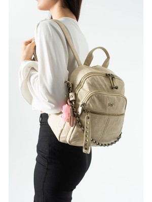 Baginn Vegan Deri Kadın Sırt Çantası Yıkama Suni Deri 30*25 cm Vegan Sırt Çantası Işıklı Charm Hediyeli