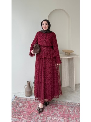 RFK Butik Kadın Dantel Detaylı Özel Tasarım Etekli Takım - Bordo
