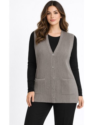 uludağ triko Kadın Anne Triko Yelek Kabartma Çizgi Desen BGL-ST05302