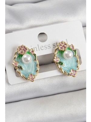 Pileli Store Pilelistore Pirinç Yeşil Mineli Inci Detaylı Sanatsal Portre Model Gold Renk Kadın Küpe - TJ-BKP10691