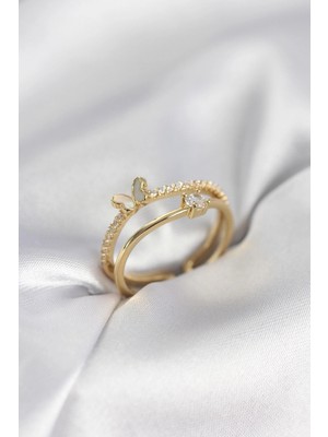 Pileli Store Pilelistore Gold Renk 2'li Zirkon Taşlı Kelebek Model Kadın Yüzük - TJ-BYK3977
