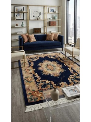 Ft Halı El Dokuma Lacivert Çin Kabartma Halısı - El Işçiliği Yün Dokuma - 120X180 cm