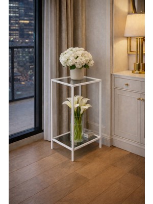 Trendmiz Velmark Eyfel Açık  Füme Cam Beyaz Metal Dresuar | Dar Alanlar Için Antre Sehpası/uzun Sehpa