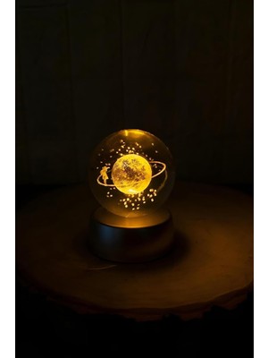 PremiumPort Renkli Satürn Cam Küre, Işıklı Kristal Hediye, 3D Kız Küresi, Yılbaşı Süsleri