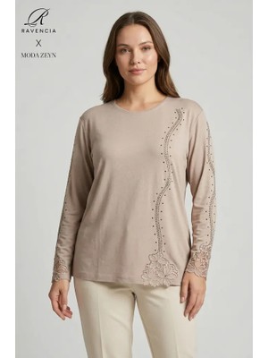Ravencia Kadın Dantelli Sarmal Şerit Desenli Nakış Işlemeli Taşlı Yırtmaçlı Likralı Anne Penye Bluz