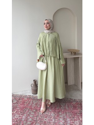 RFK Butik Kadın Pilise Detaylı Jakar Modal Etekli Takım - Mint Yeşil