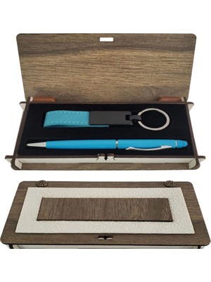 Pileli Store Pilelistore Mavi Kalem ve Anahtarlık Ahşap Kutulu Set