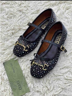 Evlium Siyah Taşlı Kadın Babet - Işıltılı Mary Jane Ayakkabı