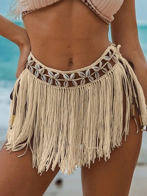 Pileli Store Pilelistore Ekru Bikini Üstü Deniz Kabuklu Püsküllü Pareo,beachwear,bikini Üstü El Emeği Plaj Eteği,bohem Etek