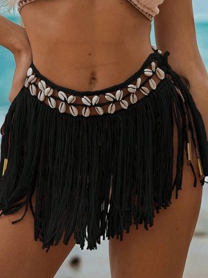 Pileli Store Pilelistore Siyah Bikini Üstü Deniz Kabuklu Püsküllü Pareo,beachwear,bikini Üstü El Emeği Plaj Eteği,bohem Etek