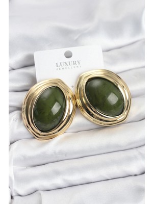 Pileli Store Pilelistore Pirinç Yeşil Badem Model Vintage Gold Kadın Küpe - TJ-BKP11591